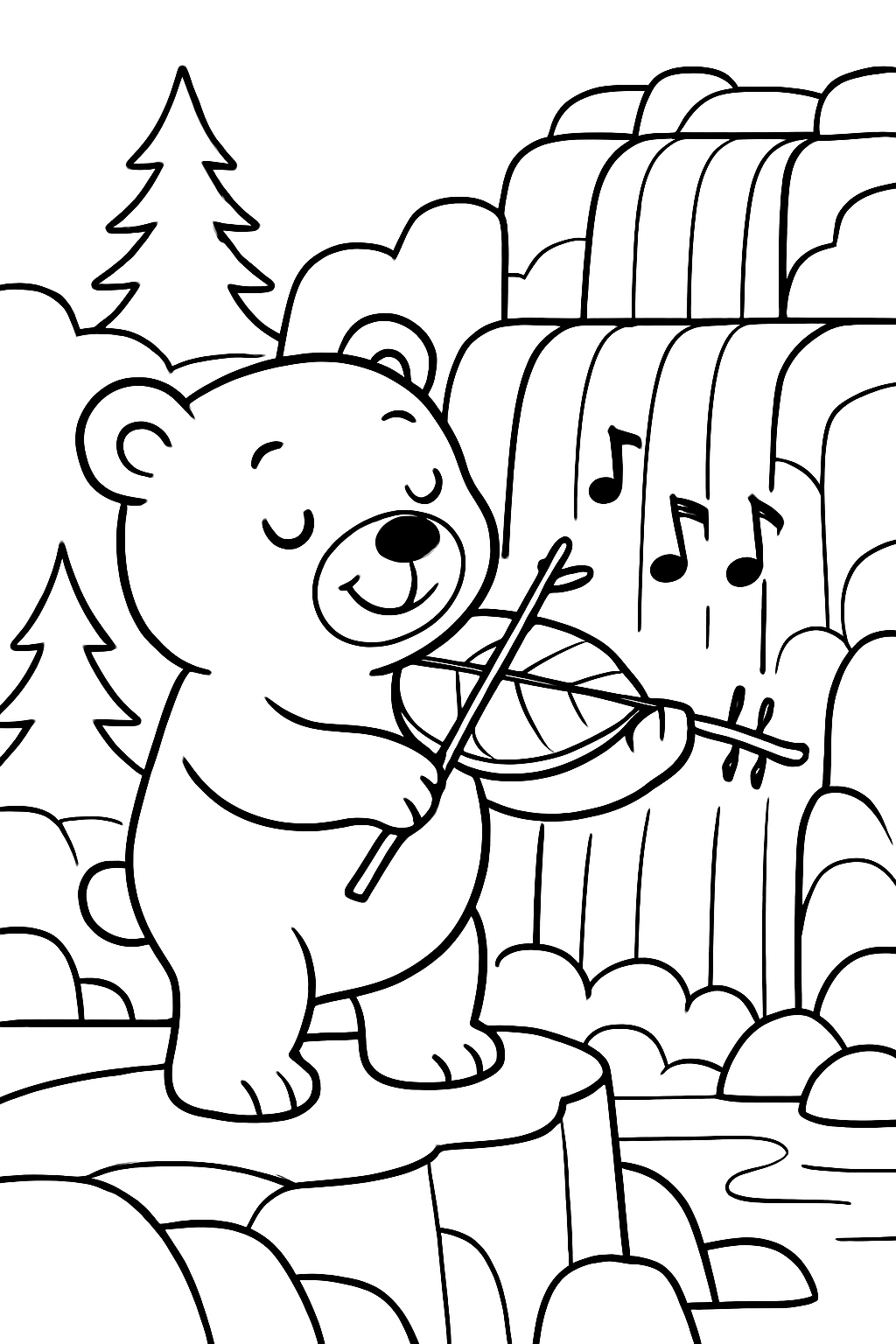 bear serenading waterfalls with golden leaf violin